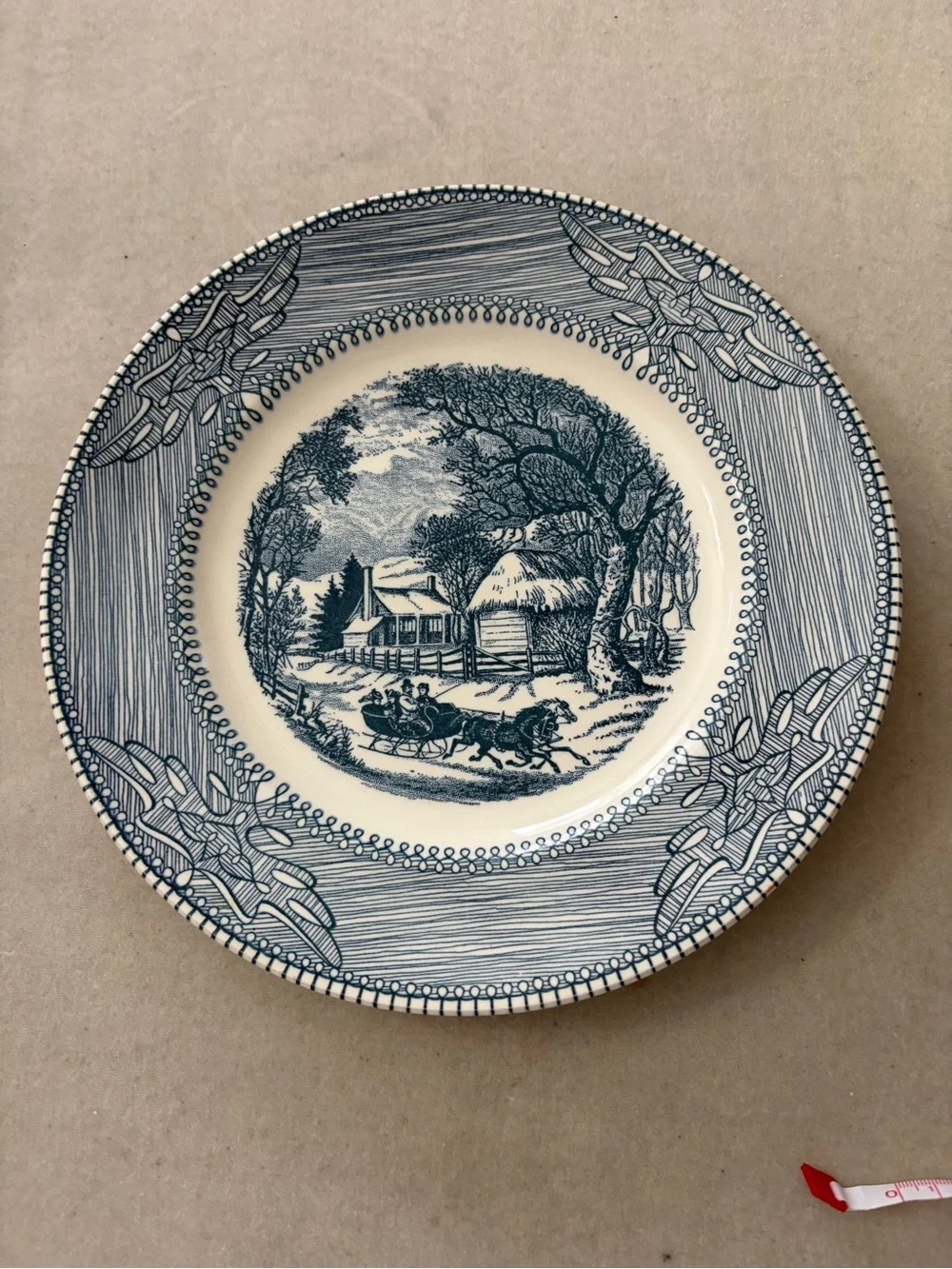 Blue and White Scenic Ceramic Dinner Plate with Winter Horse-Drawn Sled Motif